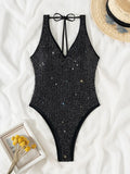 Shiny Sequins Hater V Neck Women Swimwear One Piece Swimsuit Female High Leg Cut Monokini Bather Backless Bathing Suit Swim Lady