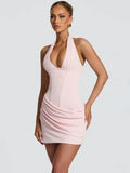 Halter Deep V Neck Sexy Mini Dress Women Elegant Sleeveless Backless Ruched Waist Bodycon Club Party Short Dresses