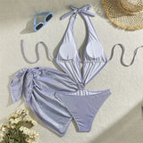 With Sarong Glitter Sparkling Depp V Neck One Piece Swimsuit Women Swimwear Female Cut Out Halter Bather Bathing Suit Swim V5754