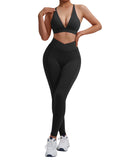 2 Piece Fitness Sets for Women Padded Push Up Sports Bra Booty Leggings with Pockets Yoga Gym Outfits Workout Sets Female