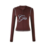 Gia 26SS Slim Fit Letter Printed Open Thread Design Hooded Zipper Short Jacket Pants Set