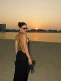 Tossy Women Halter Backless Bodycon Maxi Dress Open Back Spaghetti Strap Gold Ring Evening Party Gown Summer Beach Long Dress