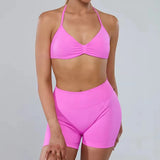 D-LOgo Women Halter Neck 2Pcs Yoga Outfit Padded Sports Bra High Waist Peach Butt Seamless Gym Fitness Short