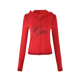 new shoulder letter printed open thread design slim fit hooded zipper short jacket shorts set