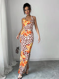New Women's Dresses Summer Sexy Backless Print Leopard V-Neck Dress Streetwear Fashion Halter Lace-up Female Dresses Clothing