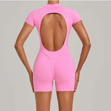 Triangle Butt Backless Short Sleeve Zipper Woman Pad Yoga Set One-Piece Jumpsuit Shorts Push Up Gym Active Wear Clothes XP129
