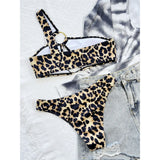 Leopard Printed One Shoulder Cut Out Bikini Female Swimsuit Women Swimwear Two-Pieces Bikini Set Bather Bathing Suit Swim V4429