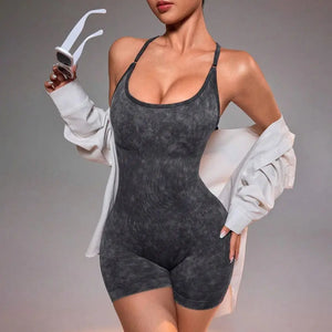 Distressed Washed Yoga Bodysuit for Women - Seamless No Panty Line Strappy Dance Leotard, Vintage Soft Workout Unitard for Gym