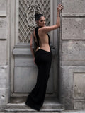 Tossy Women Halter Backless Bodycon Maxi Dress Open Back Spaghetti Strap Gold Ring Evening Party Gown Summer Beach Long Dress