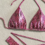 Sexy Printed PU Faux Leather Halter Bikini Female Swimsuit Women Swimwear Two-Pieces Bikini Set Bather Bathing Suit Swim V6579