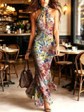 Fashionable Printed Long Skirt with Stand up Collar Hollow out Neck Hanging Design Slim Fit Split for Holiday Dress
