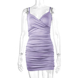 7 Color Sexy Wrinkled Pleated V Neck Sling Dress Short Club Ladies 2025 Summer Bodycon Dress Evening Party Tight Mini Dress D007