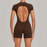 Triangle Butt Backless Short Sleeve Zipper Woman Pad Yoga Set One-Piece Jumpsuit Shorts Push Up Gym Active Wear Clothes XP129