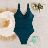 S - XXL Twist Front V Neck One Piece Swimsuit Women Swimwear Female Slim Monokini Backless Bathing Suit Swim Beachwear Bodysuit