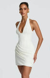 Halter Deep V Neck Sexy Mini Dress Women Elegant Sleeveless Backless Ruched Waist Bodycon Club Party Short Dresses