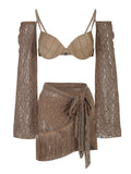 Sexy 3Pieces Push Up Bikini Set Women Swimsuit High Waist Perspective Tassel Skirt Beach Outing Bathing 2024 Feminine Swimwear
