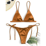 5 Colors Satin High Leg Cut Brazilian Two-Pieces Bikini Set Bikini Female Swimsuit Bathing Suit Women Swimwear Bather Swim V4964