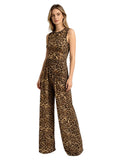 Woman's leopard print two-piece ensemble features a round-neck, sleeveless, irregularly cropped vest paired with flared, wide-leg trousers, presenting an elegant combination suitable for both streetwear and club attire