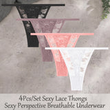 4Pcs/Set Sexy Lace Floral G-Strings Underwear For Women Solid Color Perspective Breathable Panties Female Low Rise Elastic Thong