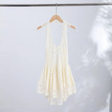V Neck Halter Lace Mini Skirt Women Fashion Waist Cinched A Line Dress Backless Sleeveless Short Vestidos Summer Lady Dresses