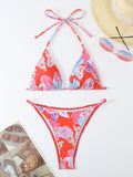 Sexy Floral Mini Thong Bikini Women Swimsuit 2024 Triangle Swimwear Halter Top Bathing Suits Two-piece Biquini Thong Bikinis Set