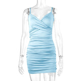 7 Color Sexy Wrinkled Pleated V Neck Sling Dress Short Club Ladies 2025 Summer Bodycon Dress Evening Party Tight Mini Dress D007