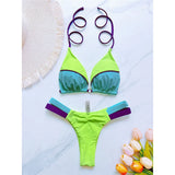 Bather Bathing Suit Swim Splicing Halter High Cut Brazilian Bikini Women Swimwear Female Swimsuit Two-Pieces Bikini Set V6067