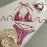 Sexy Printed PU Faux Leather Halter Bikini Female Swimsuit Women Swimwear Two-Pieces Bikini Set Bather Bathing Suit Swim V6579