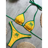 Brazilian Flag Halter Bikini Female Swimsuit Women Swimwear Two-Pieces Bikini Set High Leg Cut Bather Bathing Suit Swim V8369