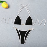 Pearls Halter High Cut Bikini Female Swimsuit Two-Pieces Bikini Set Women Swimwear Ribbed Padded Bathing Suit Bather Swim V6315