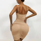 7 Color Sexy Wrinkled Pleated V Neck Sling Dress Short Club Ladies 2025 Summer Bodycon Dress Evening Party Tight Mini Dress D007