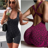 Pad Leopard Sports Yoga Set Jumpsuits Women Twist Back Shorts Bodysuit Female Tight Gym Running Fitness Overalls XP10
