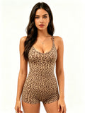 Women Leopard Print Spaghetti Strap Short Yoga Romper Scoop Neck Slim One Piece Fitness Bodysuit High Stretch Gym Workout Sport