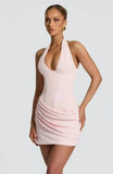 Halter Deep V Neck Sexy Mini Dress Women Elegant Sleeveless Backless Ruched Waist Bodycon Club Party Short Dresses