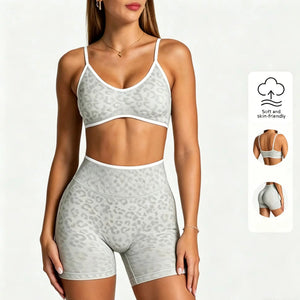 Women Leopard Print 2 Piece Yoga Set High Waist Butt Lift Biker Shorts Adjustable Strap Sports Bra Gym Workout Activewear