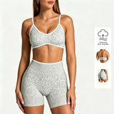 Women Leopard Print 2 Piece Yoga Set High Waist Butt Lift Biker Shorts Adjustable Strap Sports Bra Gym Workout Activewear