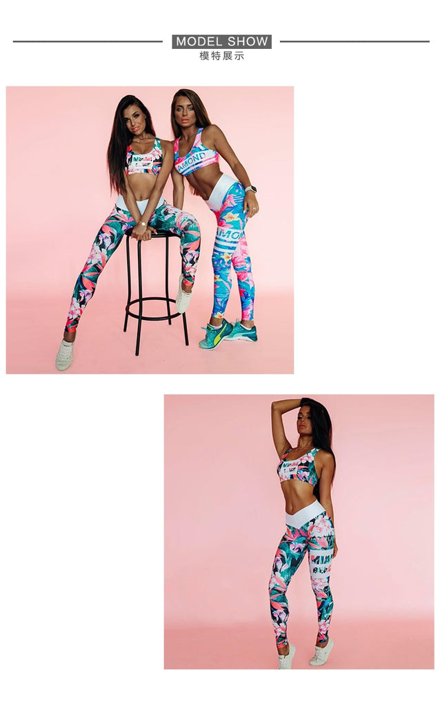 Color Letter Printing Sports Yoga Suit Female Vest+Leggings Gym Fitness Sportswear  2 Piece Set Workout Clothing - Virtual Blue Store