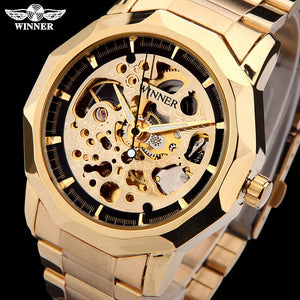 WINNER brand watches men mechanical skeleton wrist watches fashion casual automatic wind watch gold steel band relogio masculino - Virtual Blue Store