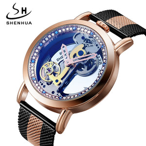 Creative Automatic Mechanical Watch Tourbillon Watches Transparent Diamonds Men Luxury Skeleton Self Winding Steel Mesh Clocks - Virtual Blue Store