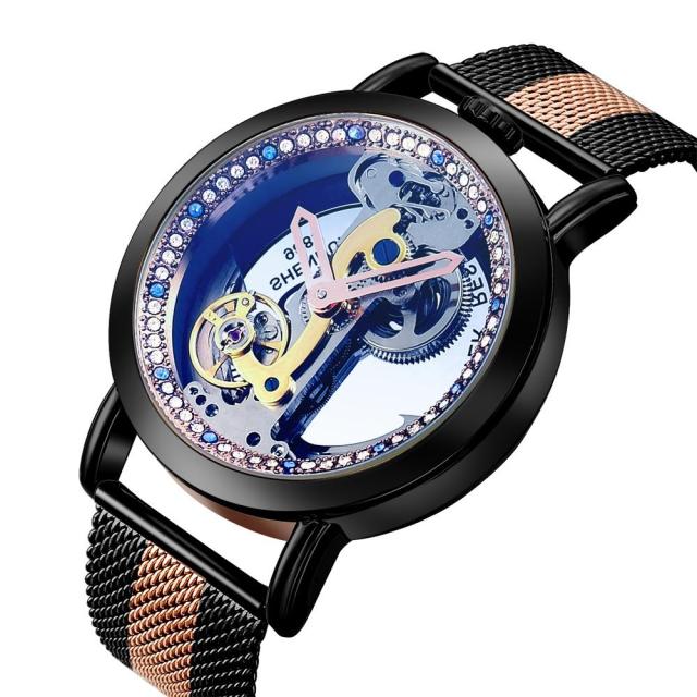 Creative Automatic Mechanical Watch Tourbillon Watches Transparent Diamonds Men Luxury Skeleton Self Winding Steel Mesh Clocks - Virtual Blue Store