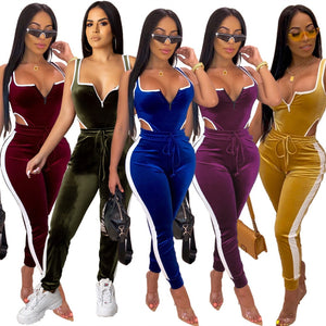 Winter Women's set Velvet bodysuit pencil pants suit two piece set Sexy sleeveless Street casual fashion tracksuit outfit - Virtual Blue Store