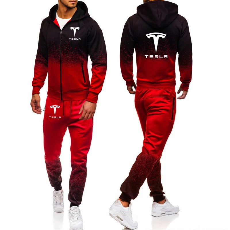 Hoodies Men Tesla Car Logo Print Casual Harajuku Gradient color Hooded Fleece zipper Jacket Sweatshirt Sweatpants Suit 2pcs - Virtual Blue Store