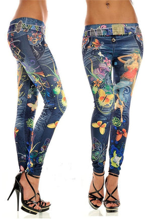 Fashionable New Lady Seamless Imitation Cowboy Color Printing High Waist Skinny Blue Jean Denim Leggings Stretchy Jeggings Pant - Virtual Blue Store