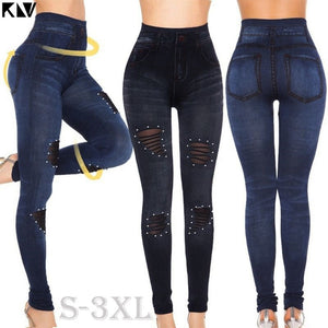 KLV Plus Size Fashion Women Slim Leggings Pearl Ripped Seamless Hight Waist Faux Denim Jeans Leggings Casual Ladies Pencil Pant - Virtual Blue Store