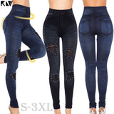 KLV Plus Size Fashion Women Slim Leggings Pearl Ripped Seamless Hight Waist Faux Denim Jeans Leggings Casual Ladies Pencil Pant