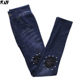 KLV Plus Size Fashion Women Slim Leggings Pearl Ripped Seamless Hight Waist Faux Denim Jeans Leggings Casual Ladies Pencil Pant - Virtual Blue Store