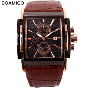 BOAMIGO men quartz watches large dial fashion casual sports watches rose gold sub dials clock brown leather male wrist watches - Virtual Blue Store