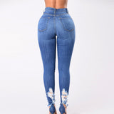 Women Denim Skinny Trousers High Waist Jeans Destroyed Knee Holes Pencil Pants Trousers Stretch Ripped Boyfriend Female - Virtual Blue Store