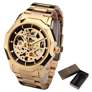 WINNER brand watches men mechanical skeleton wrist watches fashion casual automatic wind watch gold steel band relogio masculino - Virtual Blue Store