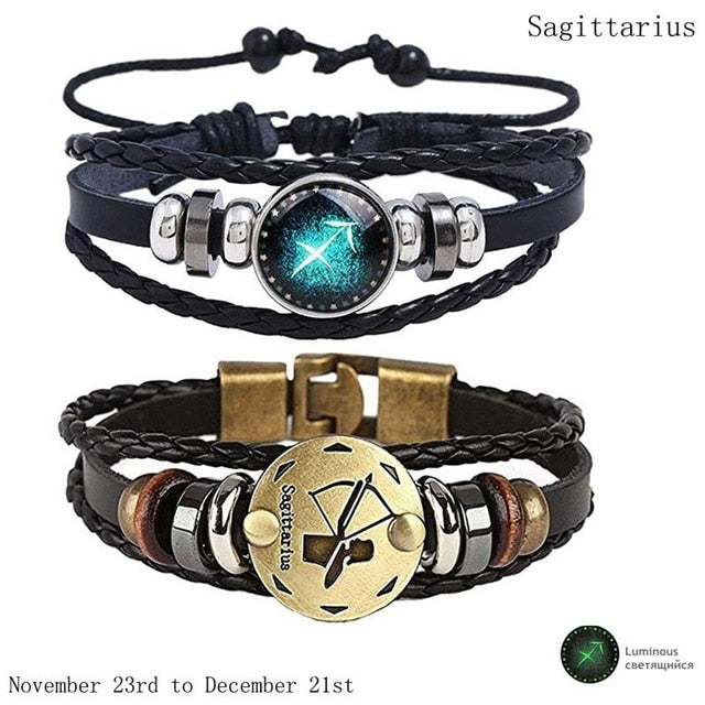 2pcs/set 12 Constellation Bracelets Luminous Charm Leather Bracelet Zodiac Horoscope Braided Bangle Men Women Jewelry Wrist Gift - Virtual Blue Store